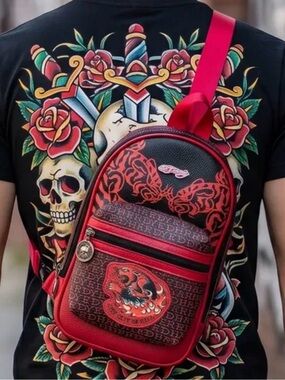 Ed Hardy Small Mini Backpack Red/Black Tiger Monogram Zip, Adjustable Strap